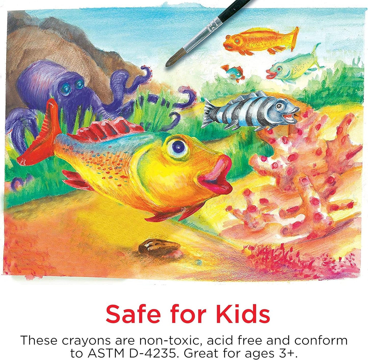 Colorful illustration of fish and marine life with a brush and text about crayon safety.