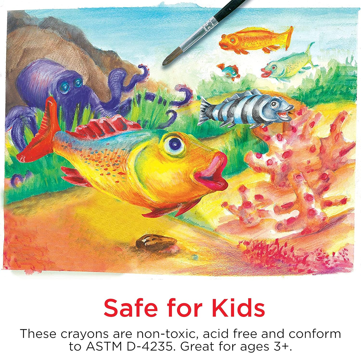Colorful illustration of fish and marine life with a brush and text about crayon safety.