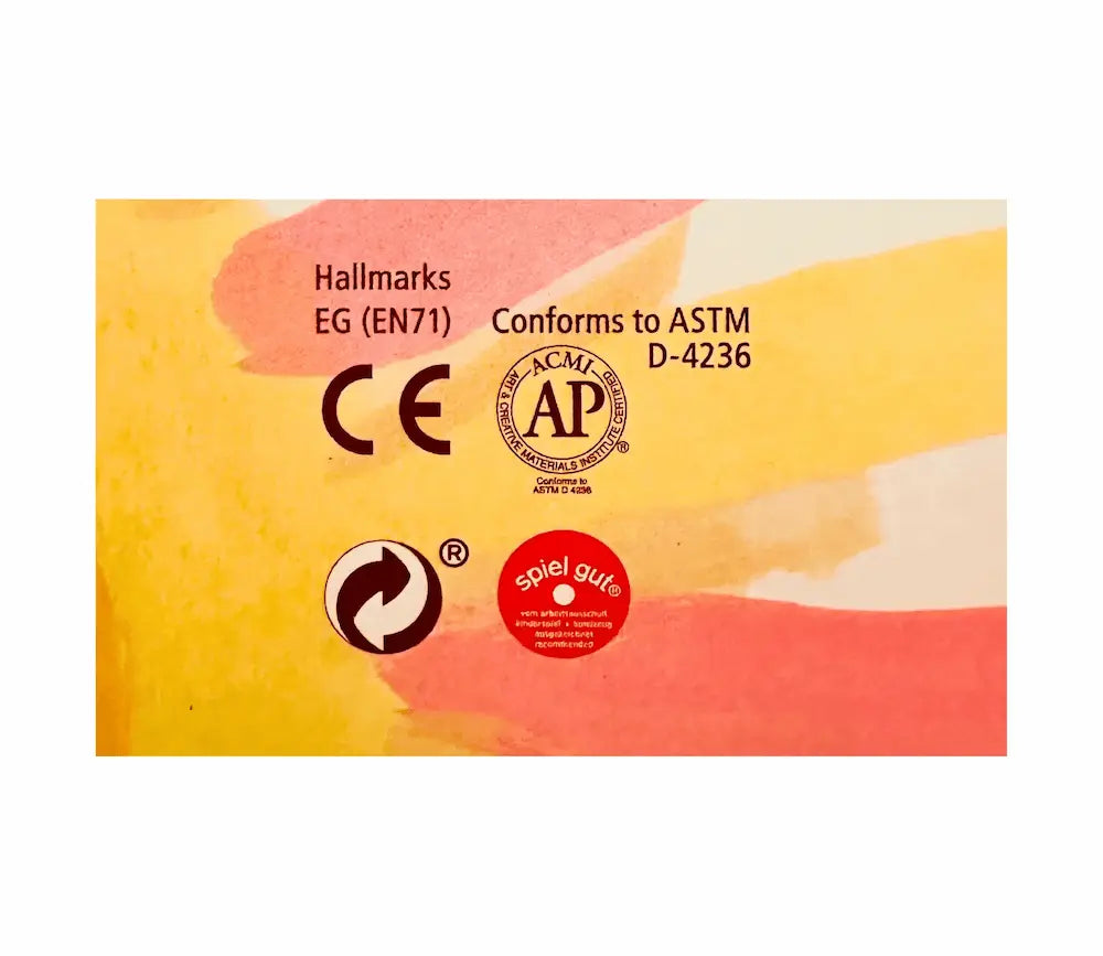 Stockmar opaque watercolor paint set safety certifications: ACMI AP non-toxic, ASTM D-4236, EN71, and Spiel gut award