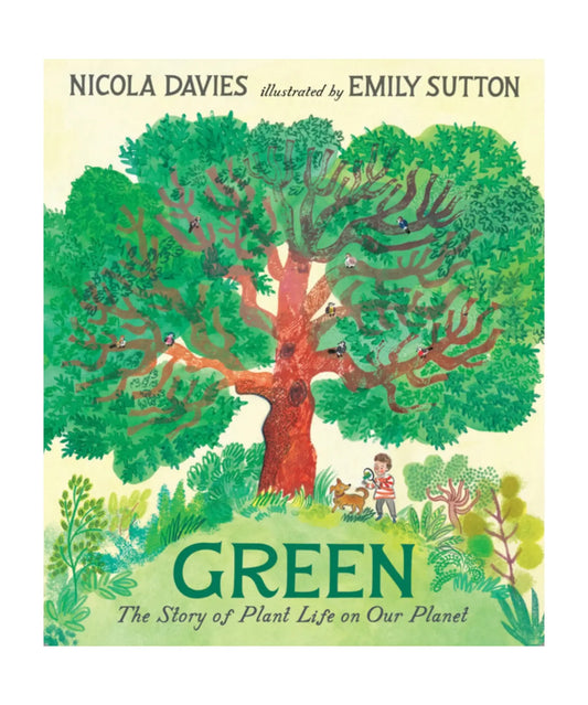 Book cover of 'Green' by Nicola Davies and Emily Sutton with a large tree and children illustration.