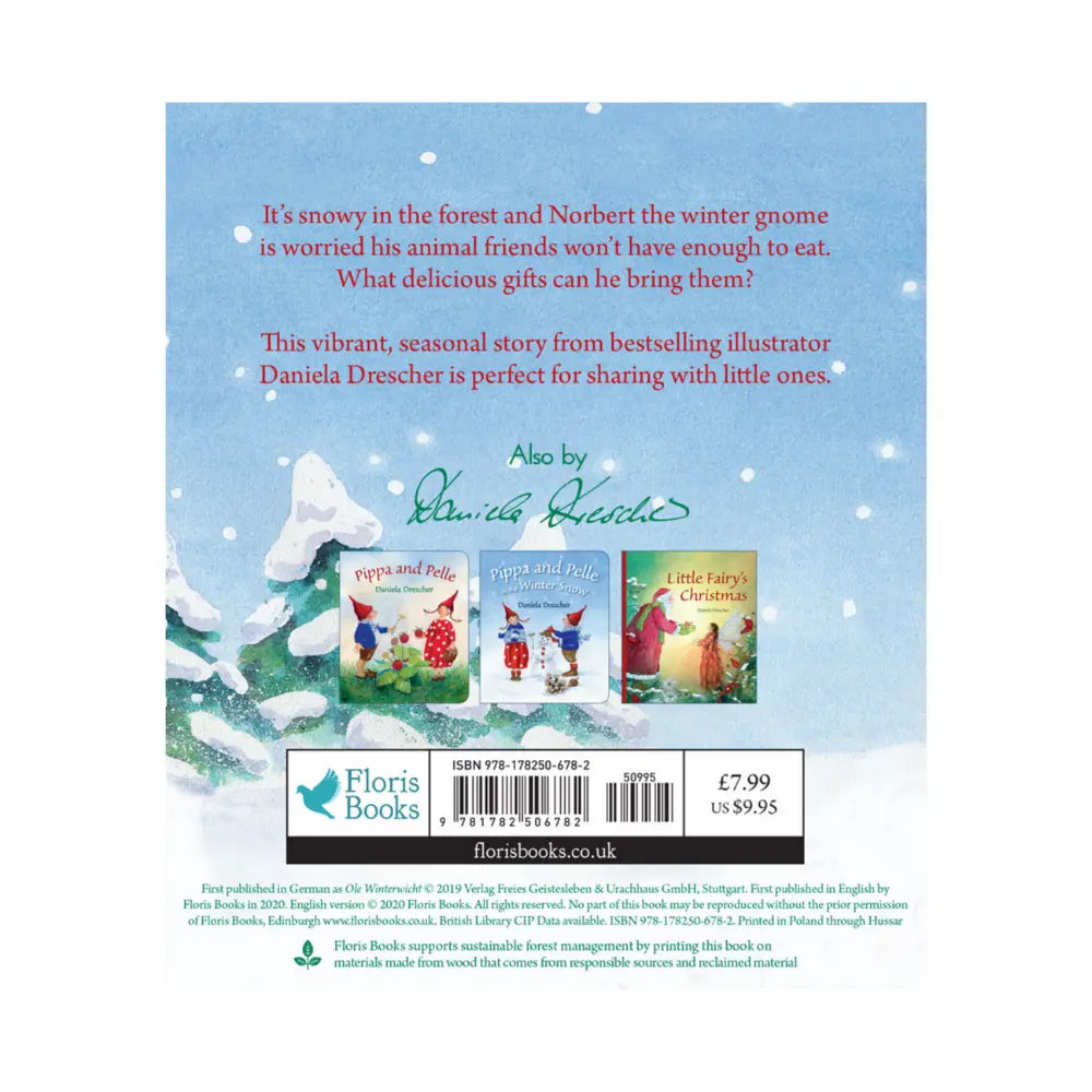 back of Norbert the Winter Gnome with snow capped tree illustration and snowy sky