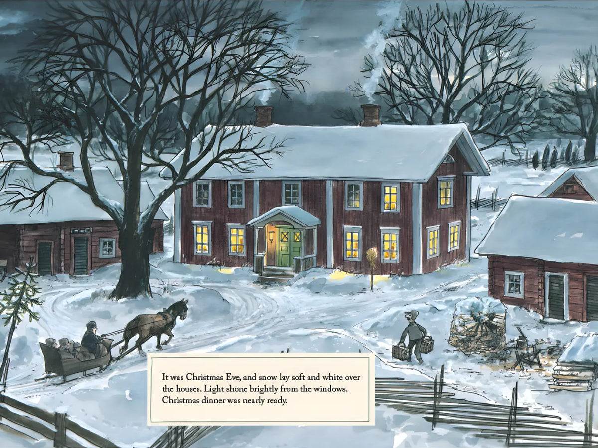 Winter scene with a snow-covered house and people on a sleigh, evoking a Christmas Eve atmosphere.