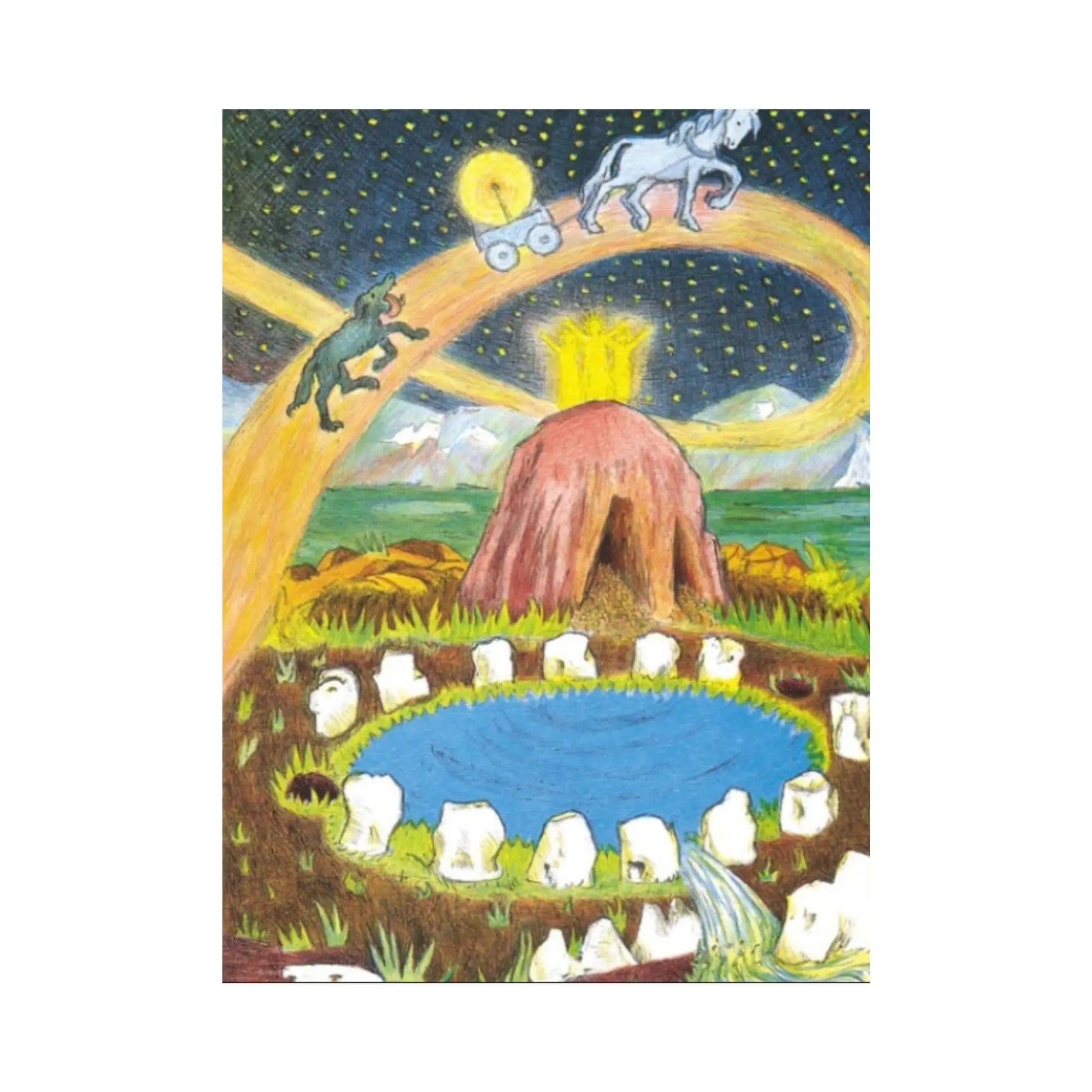 Colorful illustration of a mountain with statues, a lake, and animals under a starry sky  from D'Aulaires Norse Mythology