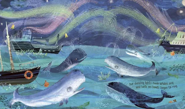 Illustration of whales and boats in a coastal scene with colorful waves.