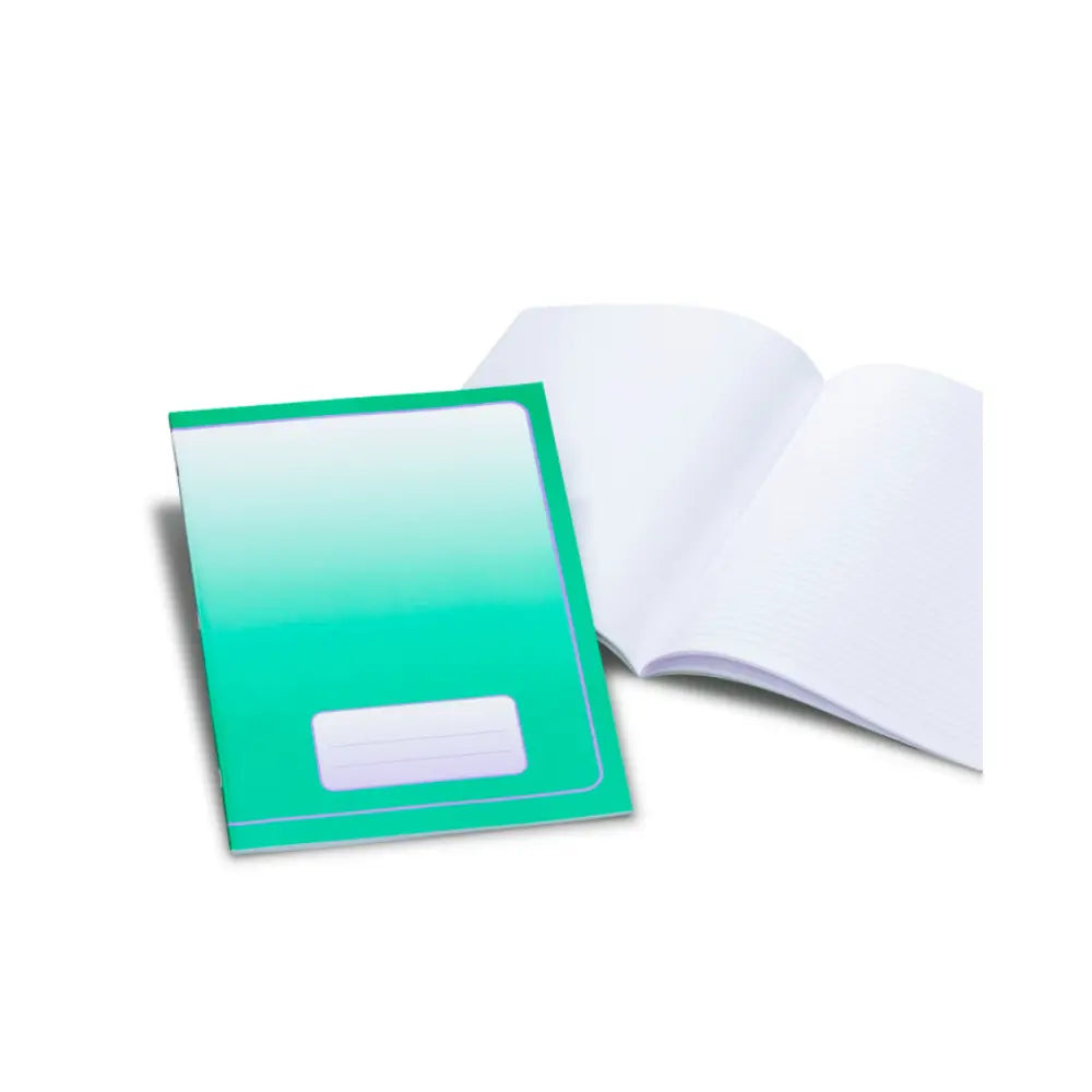 Open notebook with a green gradient cover on a white background