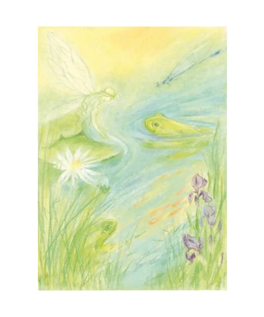 Watercolor illustration of a pond scene with fairy, flowers, frogs, and dragonflies.