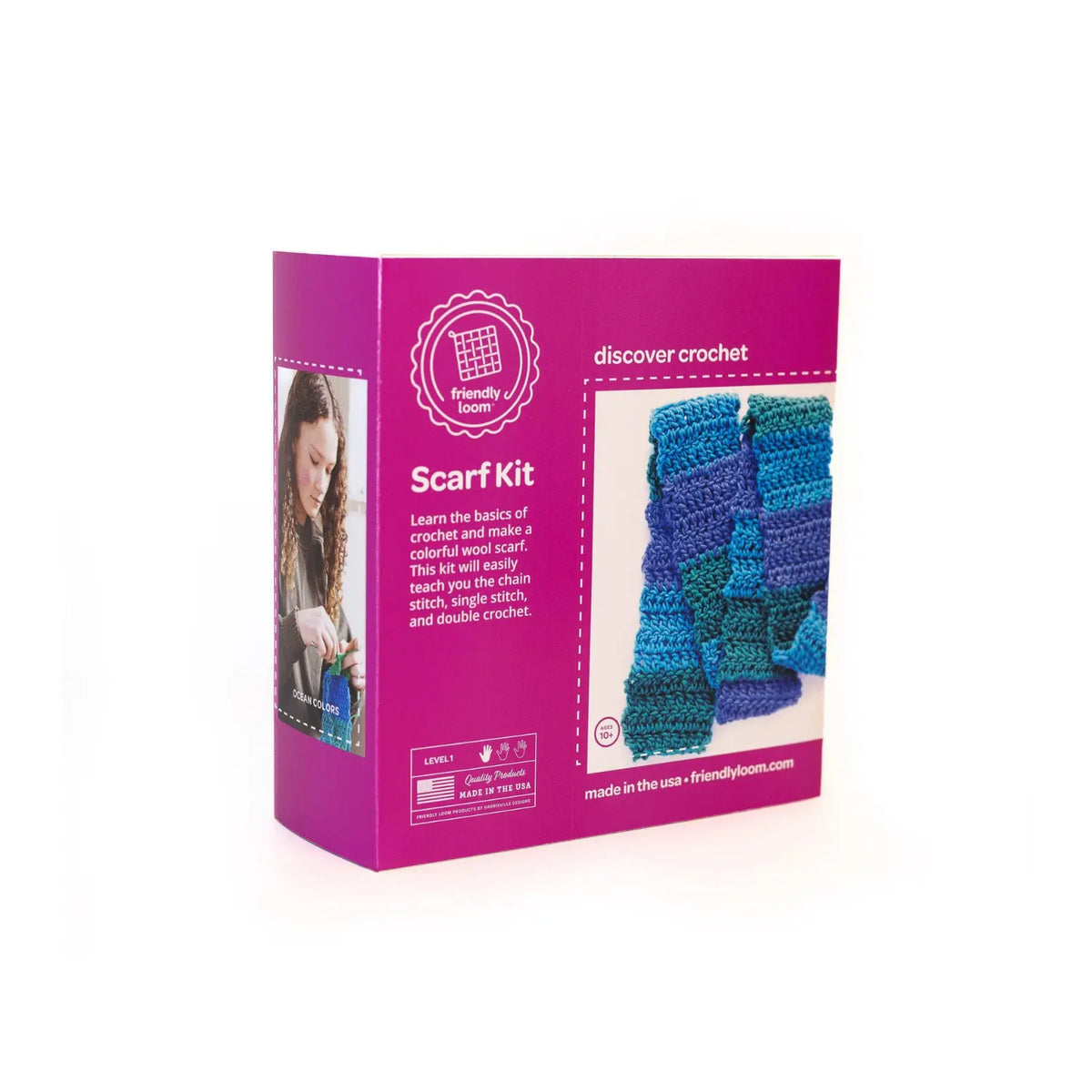 Friendly Loom Discover Crochet Scarf Kit box showing a crocheted wool scarf in ocean blue, teal and green