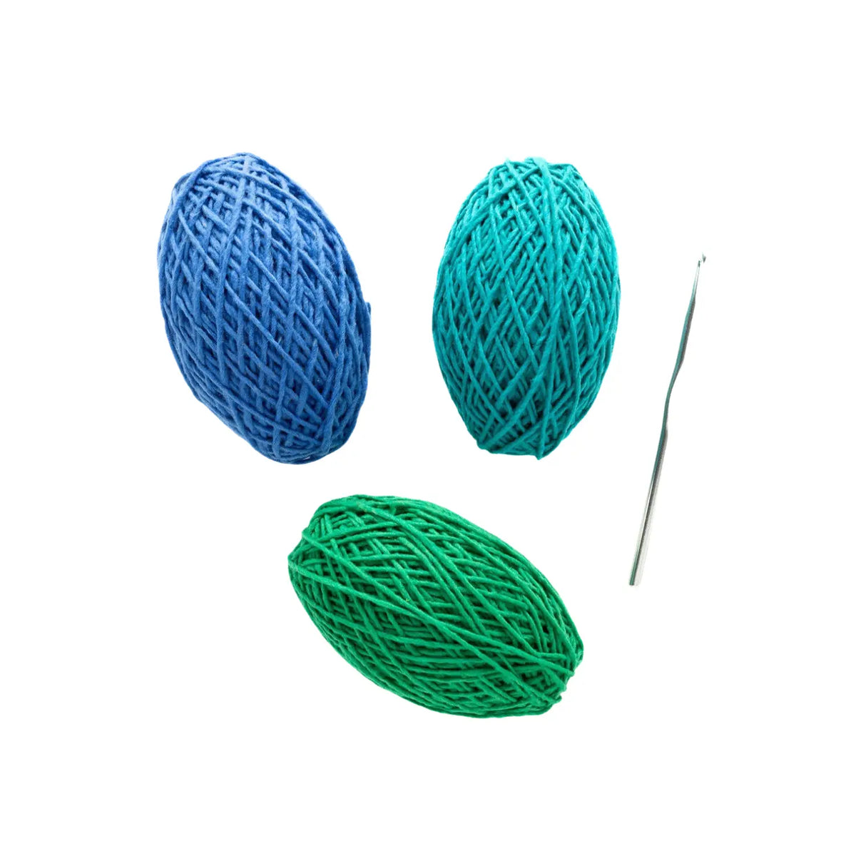 Crochet scarf kit contents: three balls of 100% wool yarn in ocean blue, teal and green with a metal crochet hook