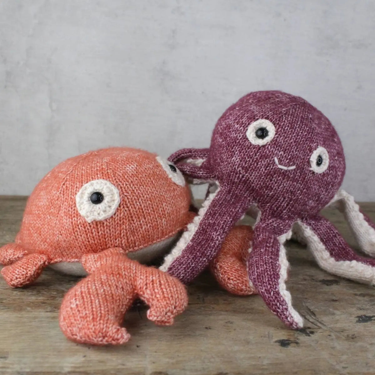 Olivia Octopus and Karel Crab finished knitted sea animal toys