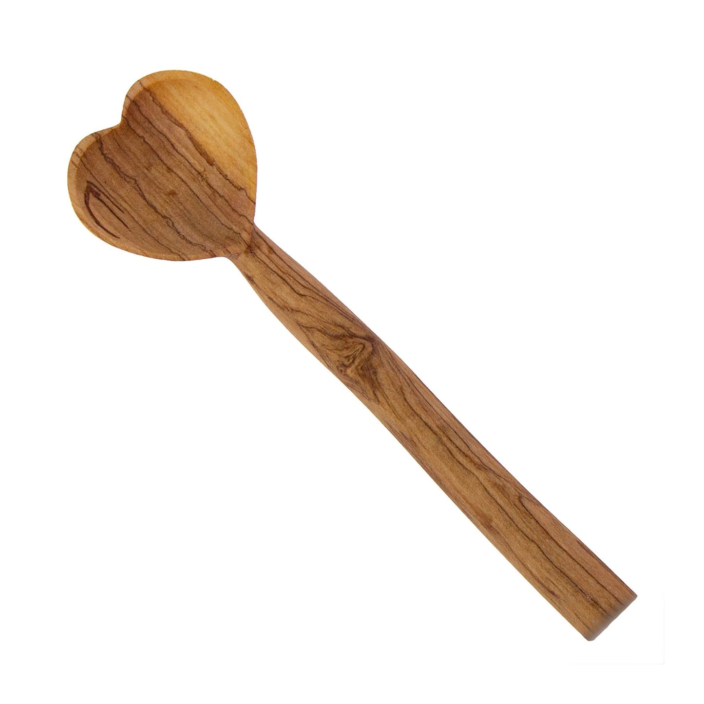 Hand-carved olive wood heart spoon with dark wood grain showing natural variation and texture