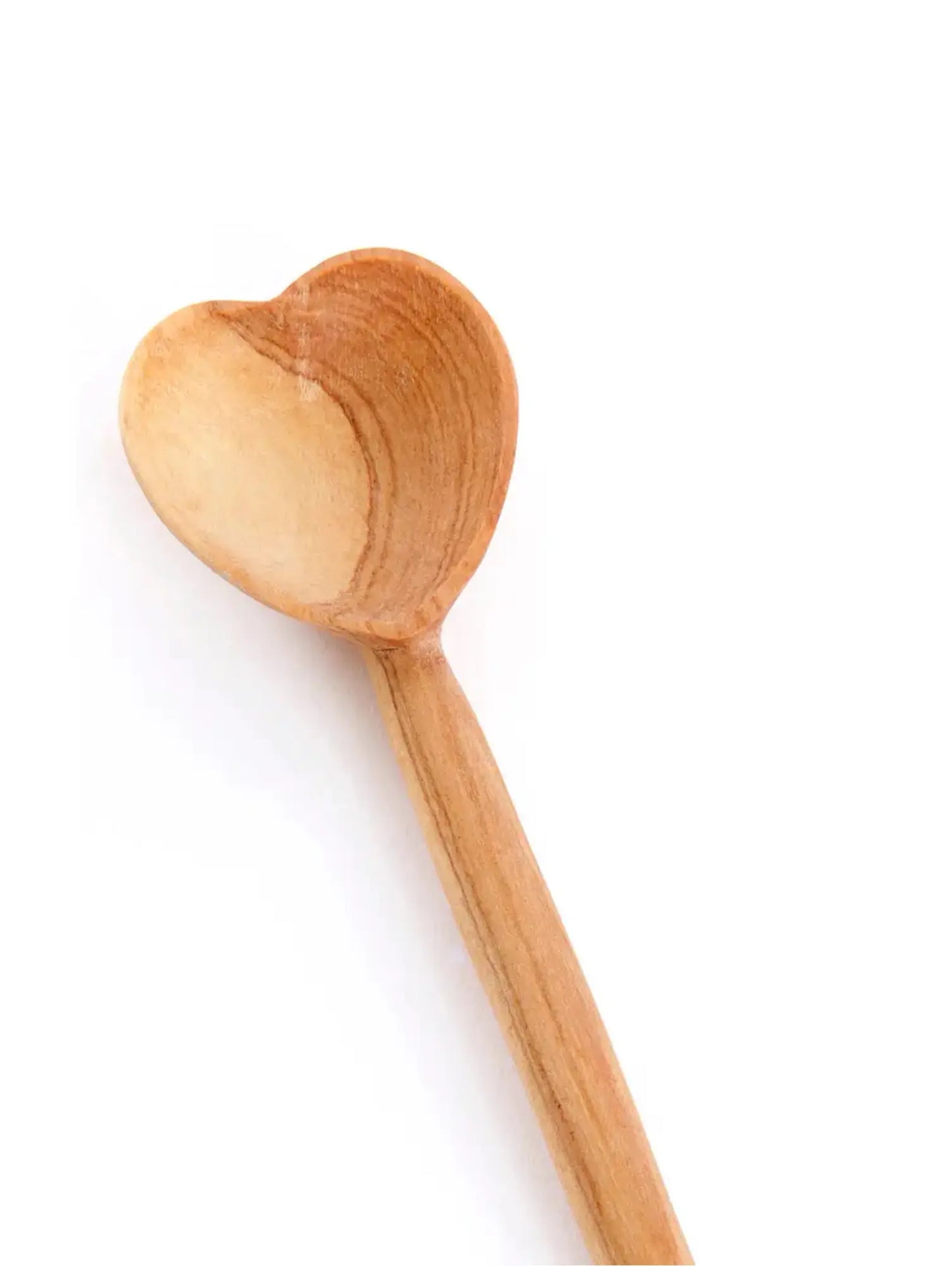 Hand-carved olive wood heart spoon with light wood grain showing natural variation and texture