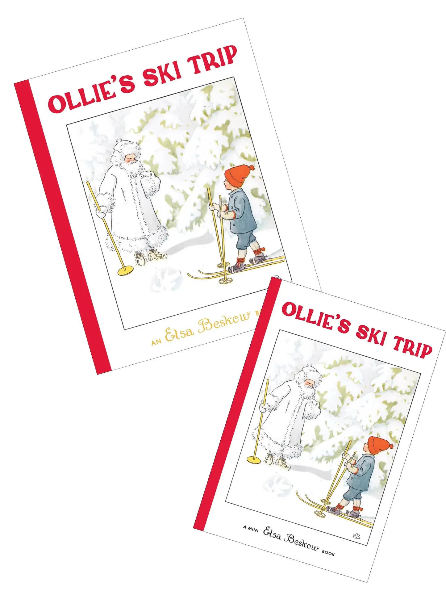 Ollie’s Ski Trip book cover showing child with skis meeting Jack Frost, Elsa Beskow