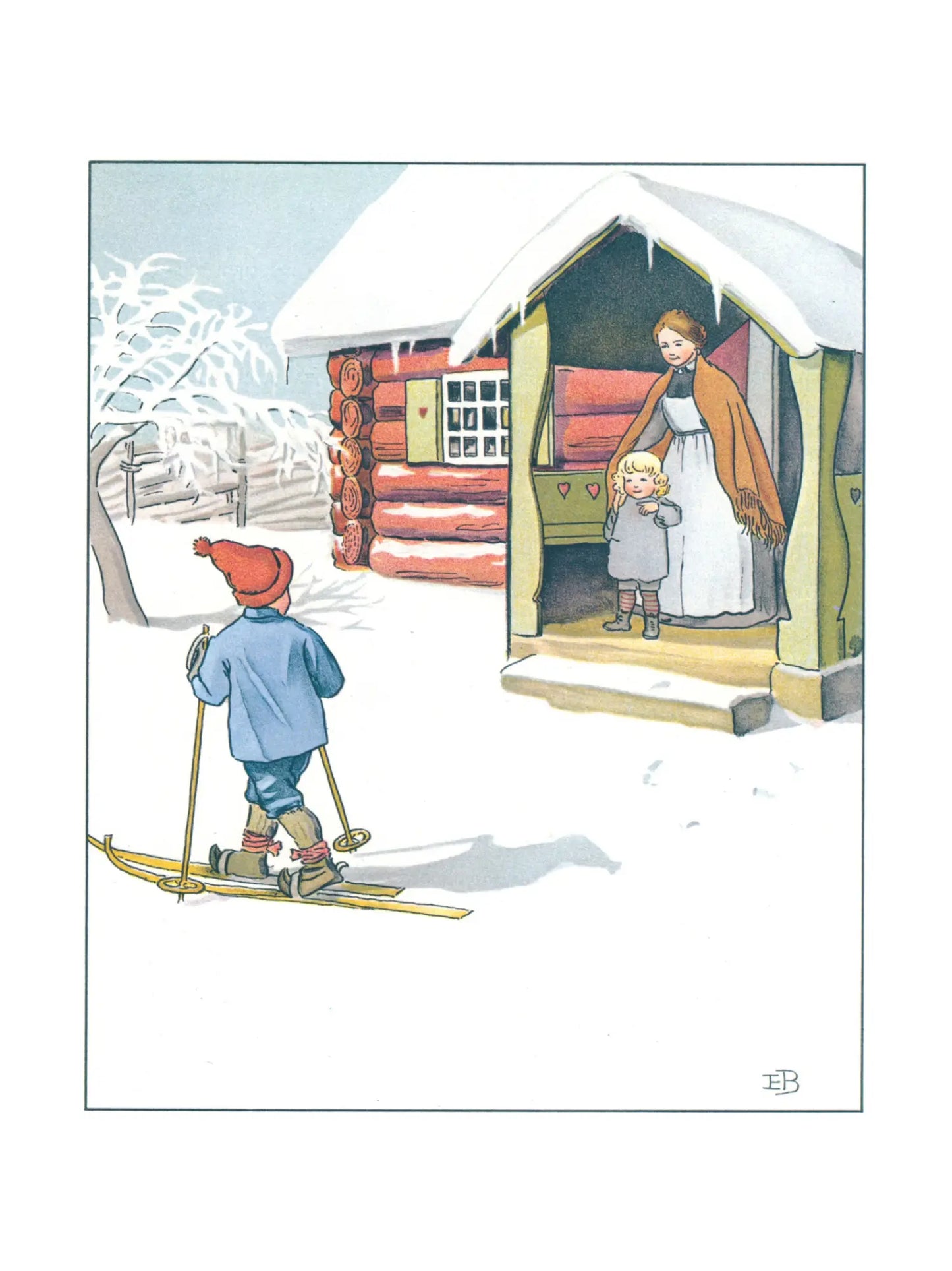 child on skis arriving at snowy cabin winter illustration Elsa Beskow Ollie’s Ski Trip