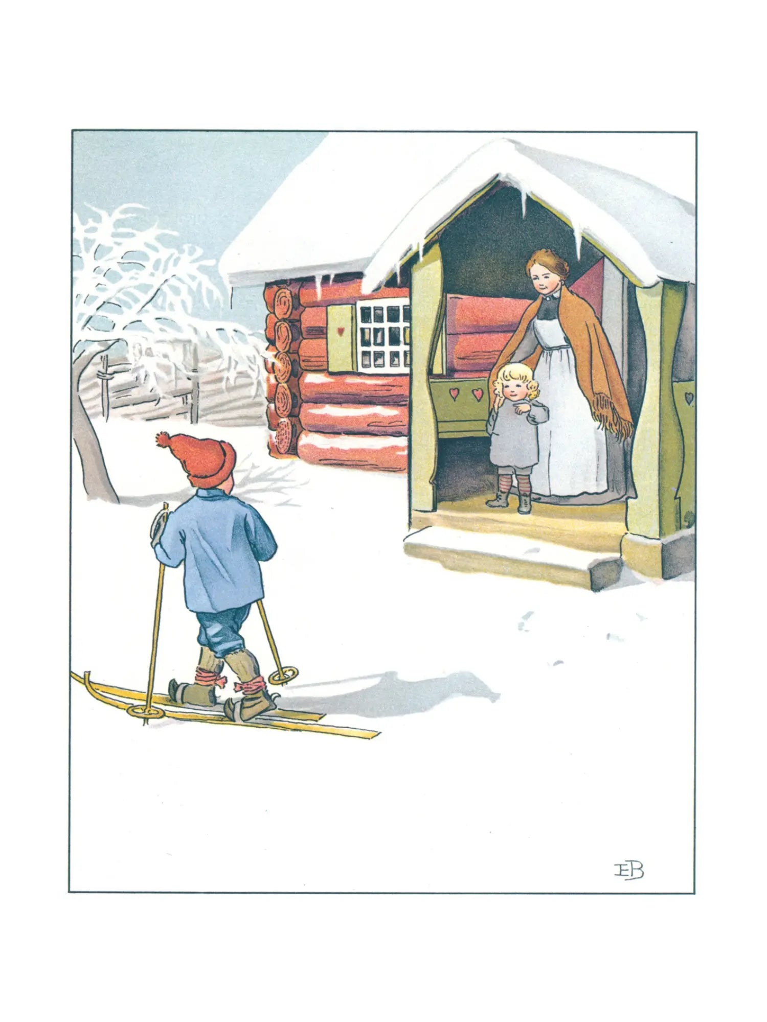 child on skis arriving at snowy cabin winter illustration Elsa Beskow Ollie’s Ski Trip
