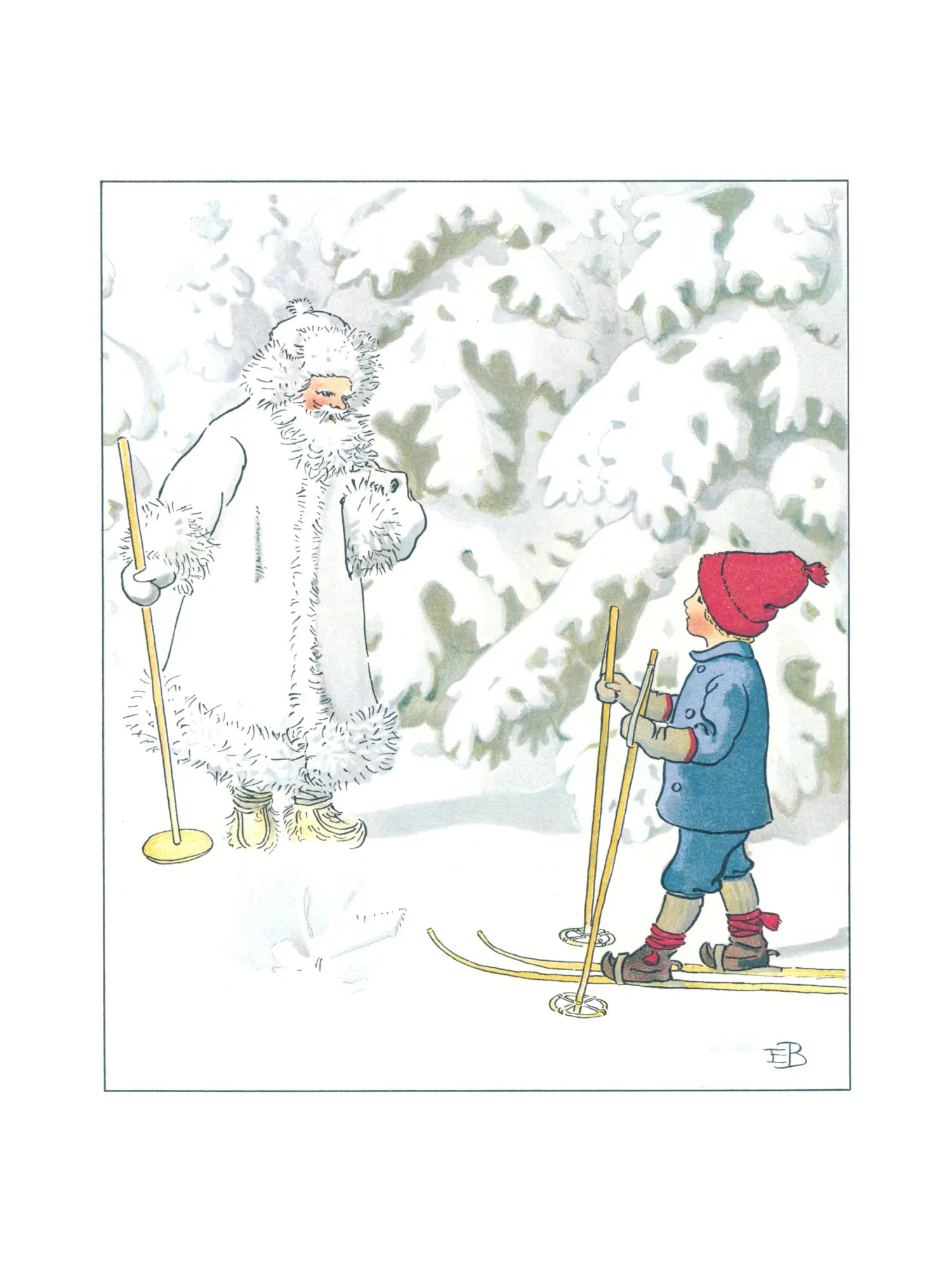 child on skis meeting Jack Frost in snowy forest Elsa Beskow Ollie’s Ski Trip