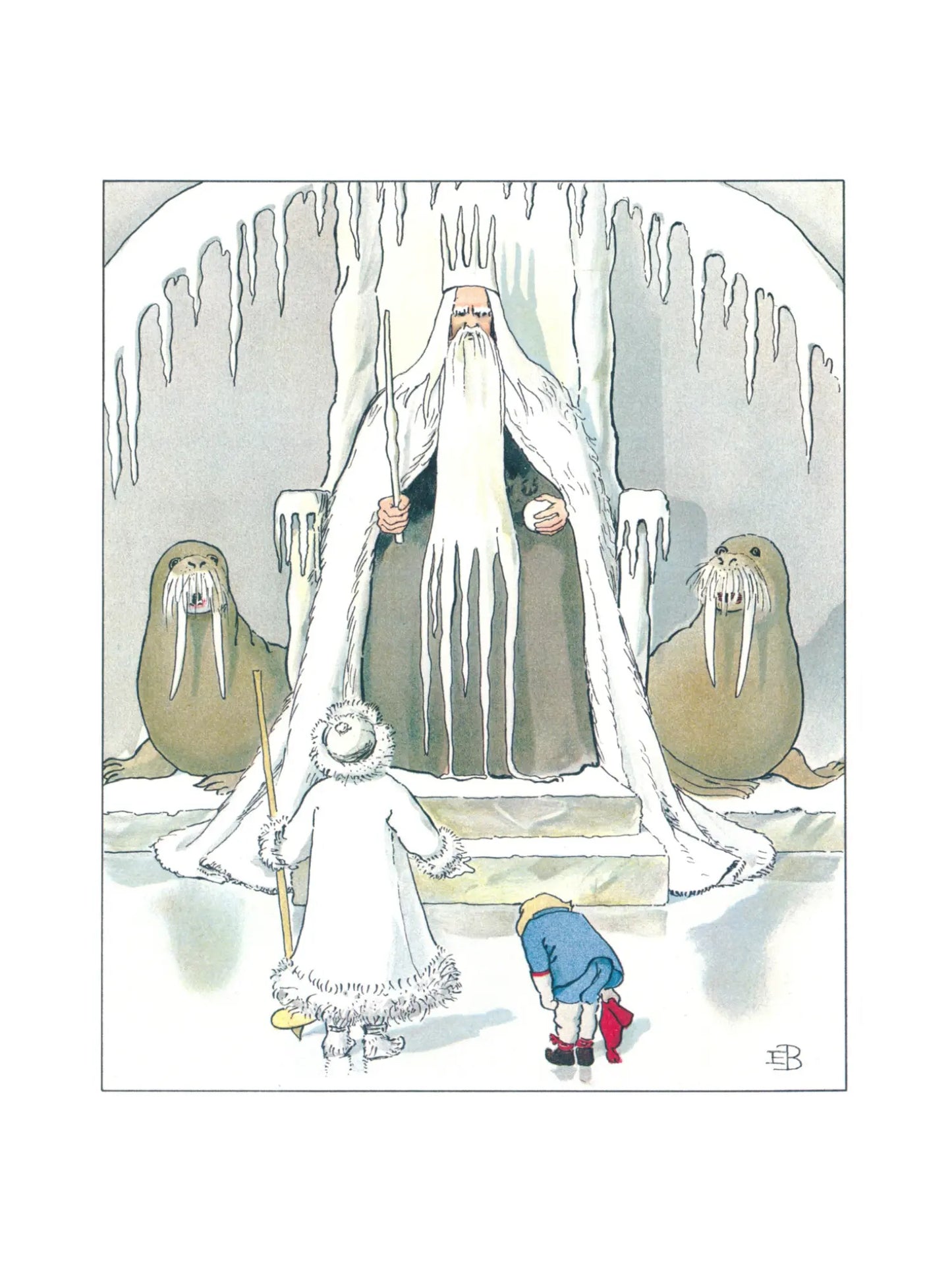 King Winter seated in icy hall with child visitor Elsa Beskow Ollie’s Ski Trip illustration