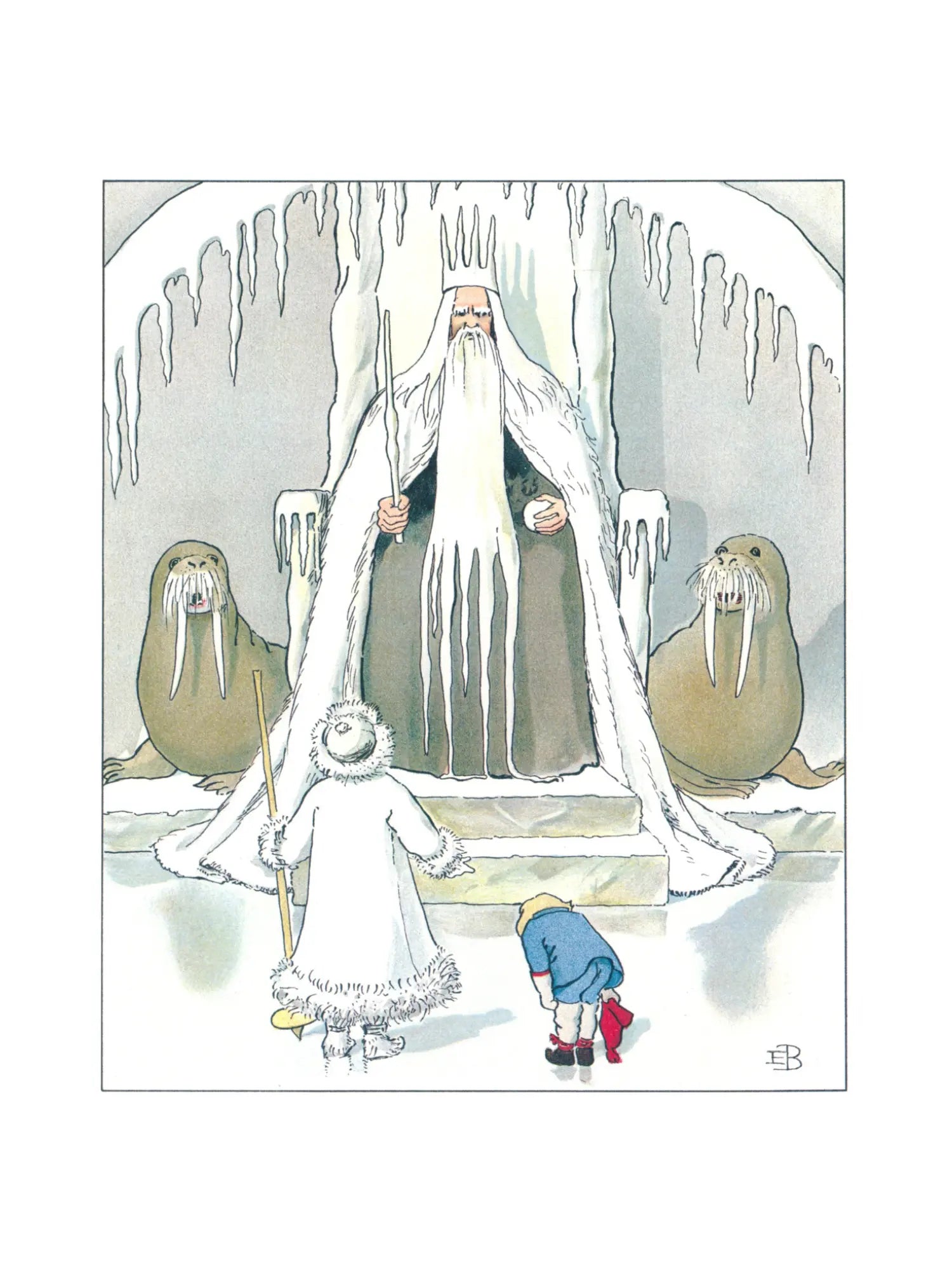 King Winter seated in icy hall with child visitor Elsa Beskow Ollie’s Ski Trip illustration