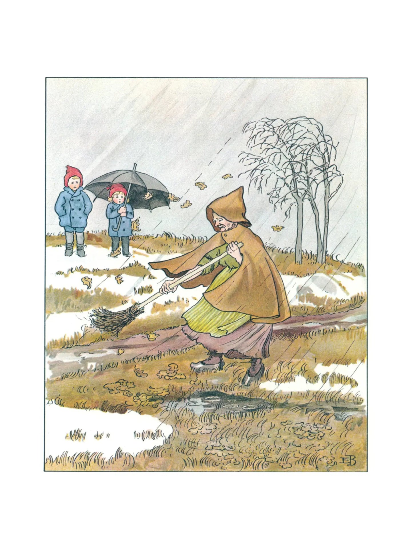 Mrs Thaw character melting snow early spring scene Elsa Beskow Ollie’s Ski Trip illustration