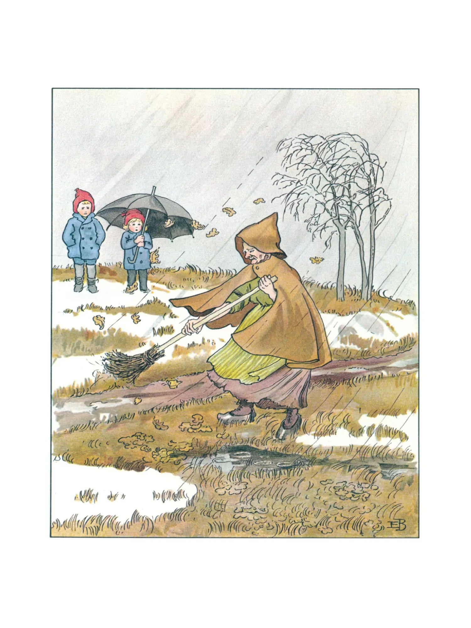 Mrs Thaw character melting snow early spring scene Elsa Beskow Ollie’s Ski Trip illustration