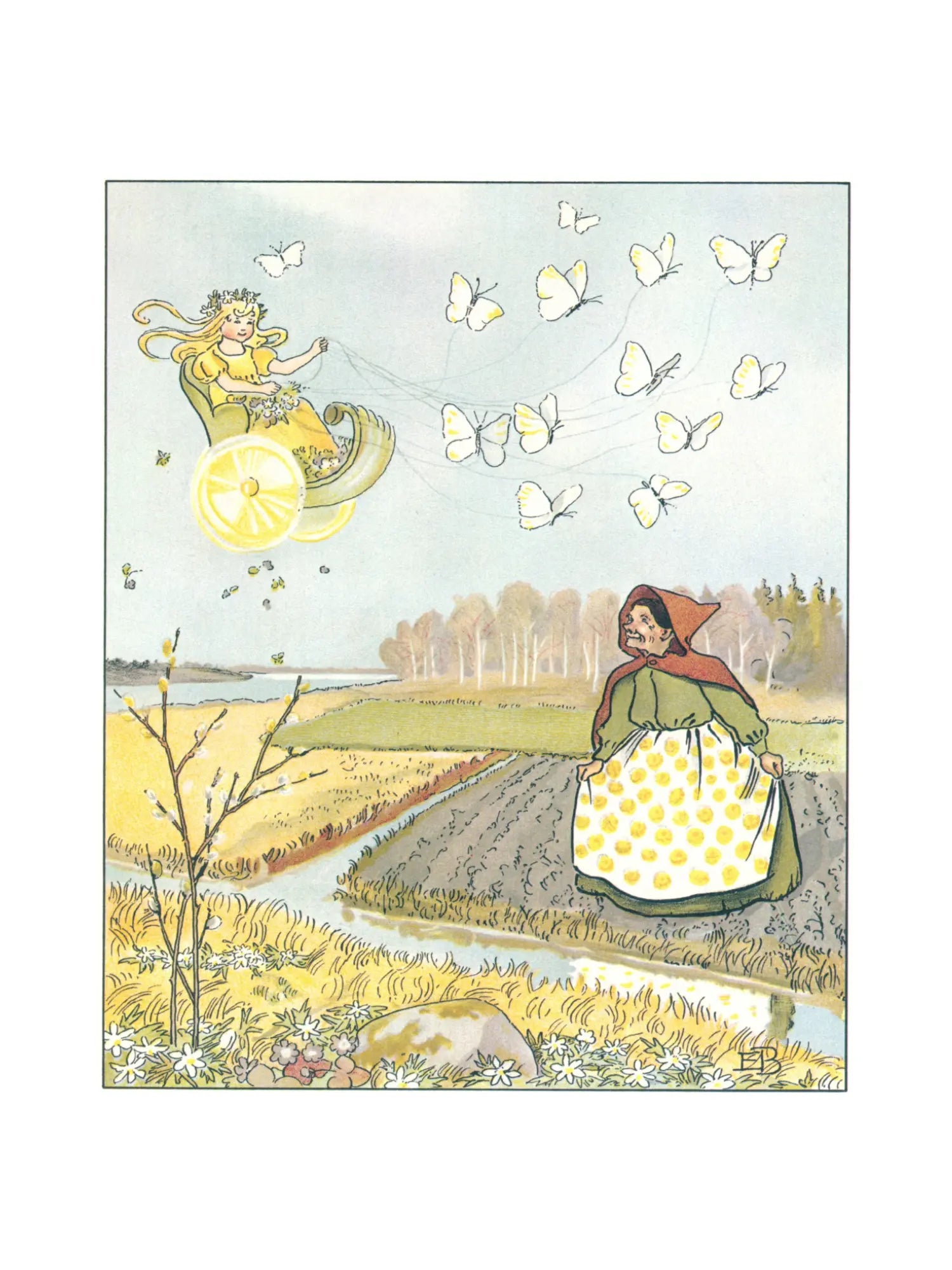 child in field as winter changes to spring Elsa Beskow Ollie’s Ski Trip seasonal transition