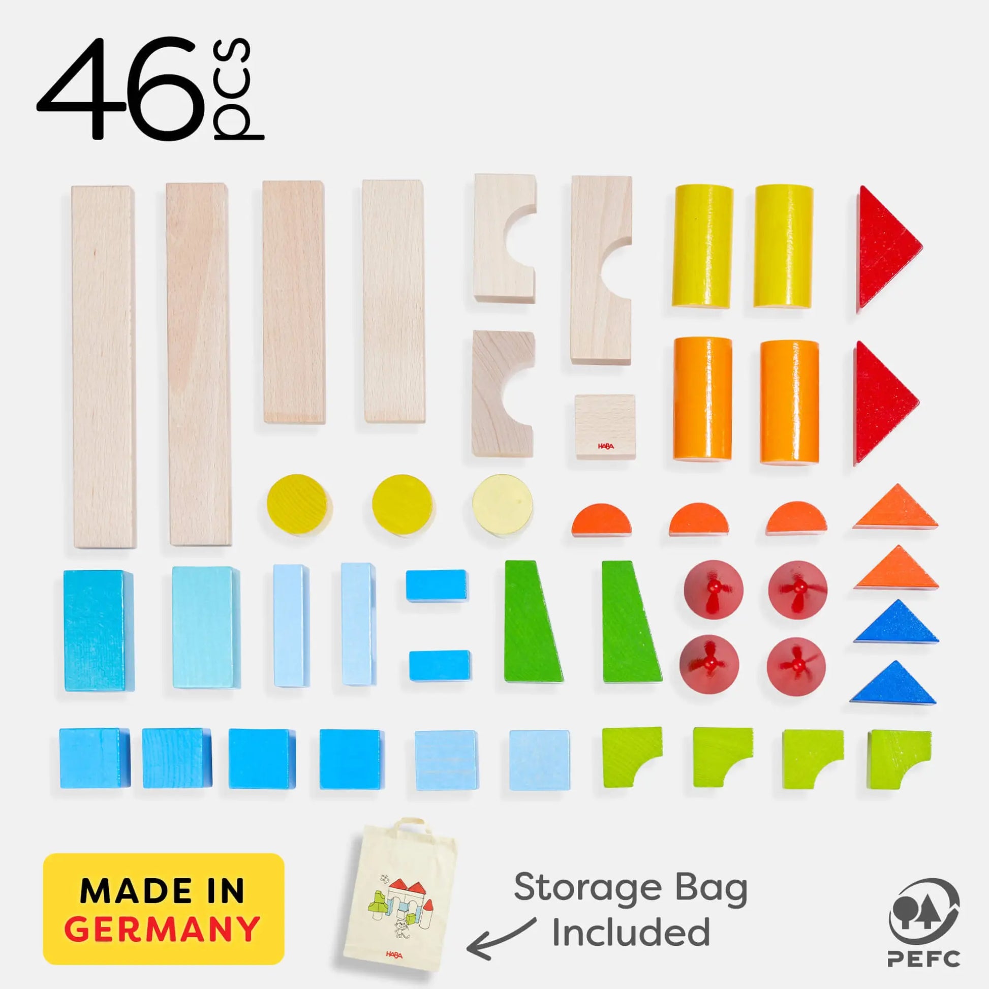 Set of colorful wooden building blocks with a storage bag included, made in Germany.