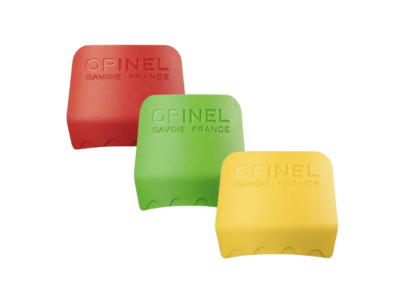 Three colorful Opinel knives on a white background