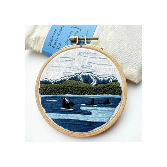 Orca embroidery kit finished design in hoop with Pacific Northwest whale scene