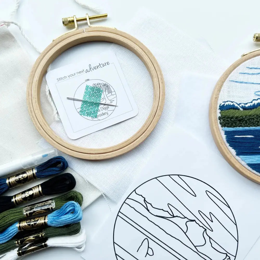 Complete orca embroidery kit with hoop fabric floss needles and tools laid out