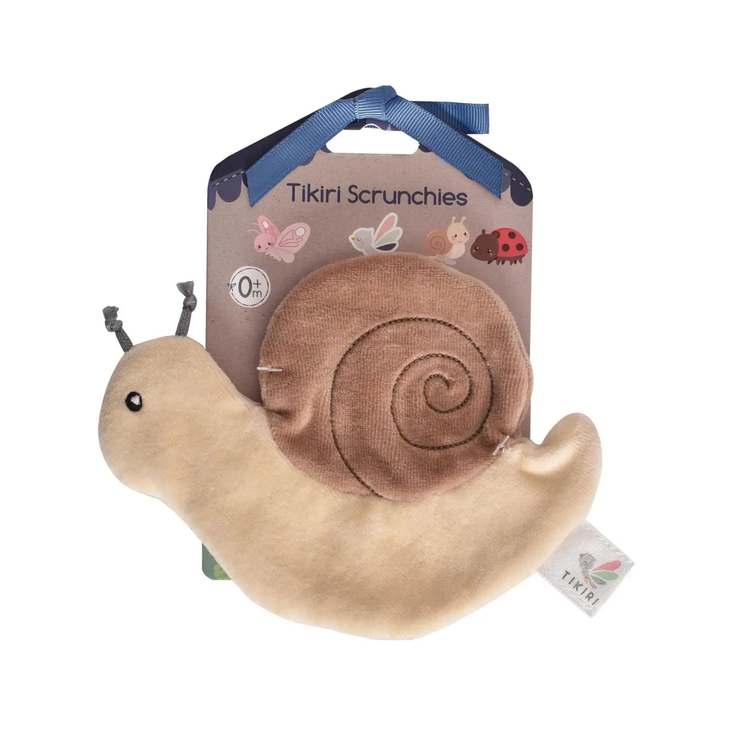 Tikiri Scrunchies tan and brown Snail sensory toy on white background