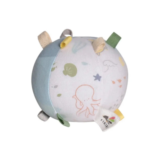 Organic cotton baby activity ball rattle front view showing size and soft sensory design for infants