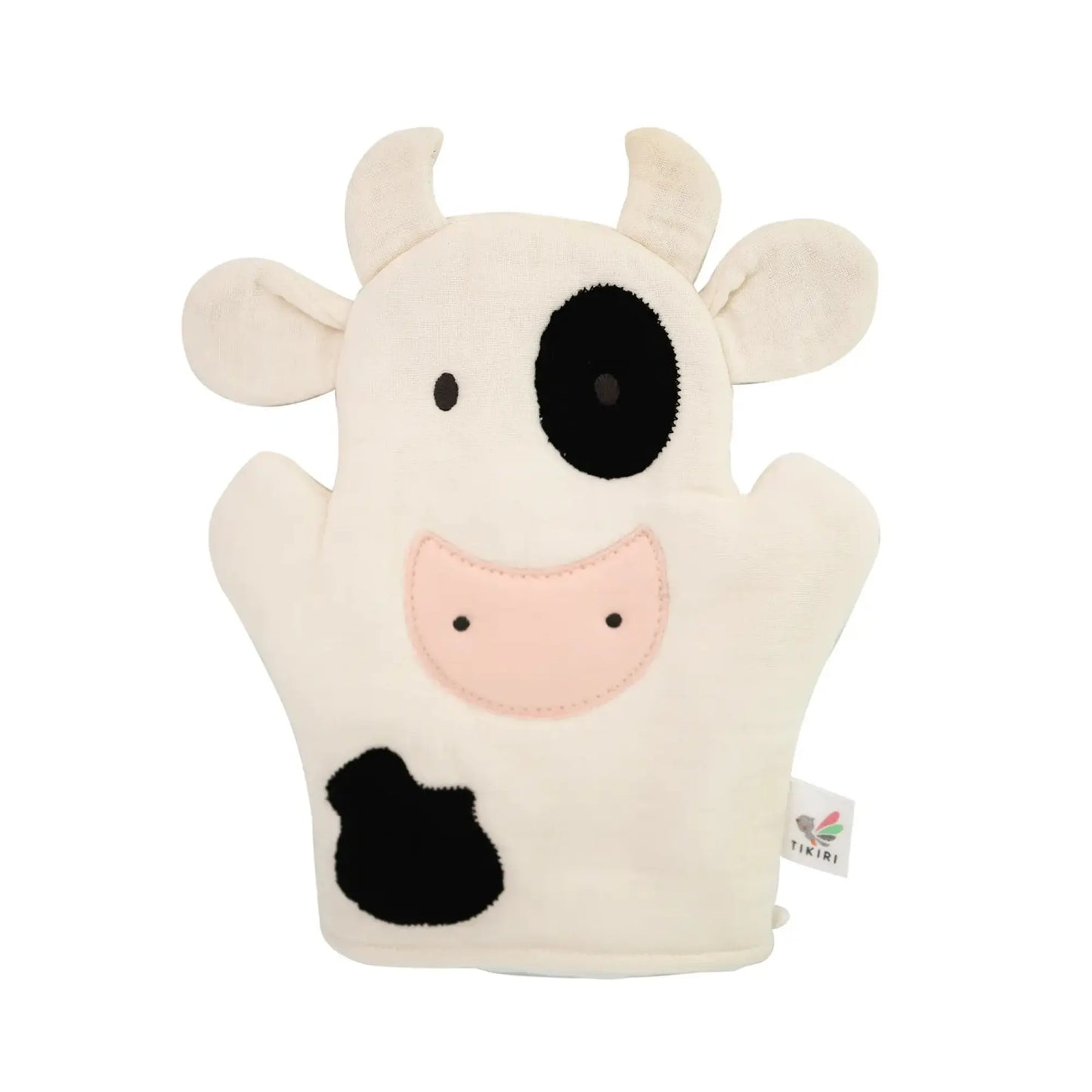 Organic cotton baby bath mitt cow puppet for washing and sensory bath play