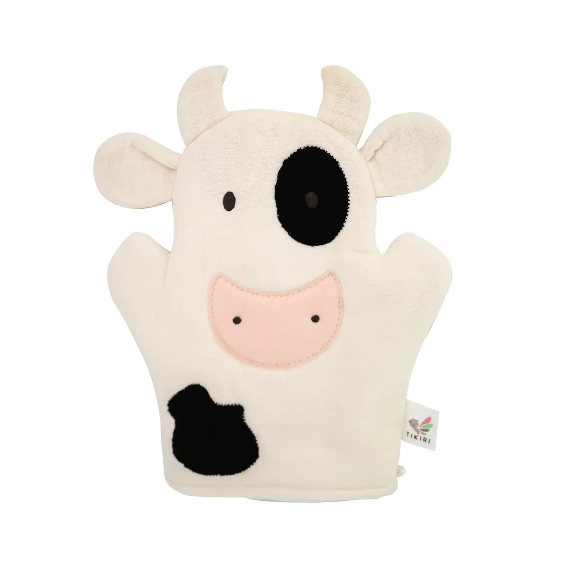 Organic cotton baby bath mitt cow puppet for washing and sensory bath play