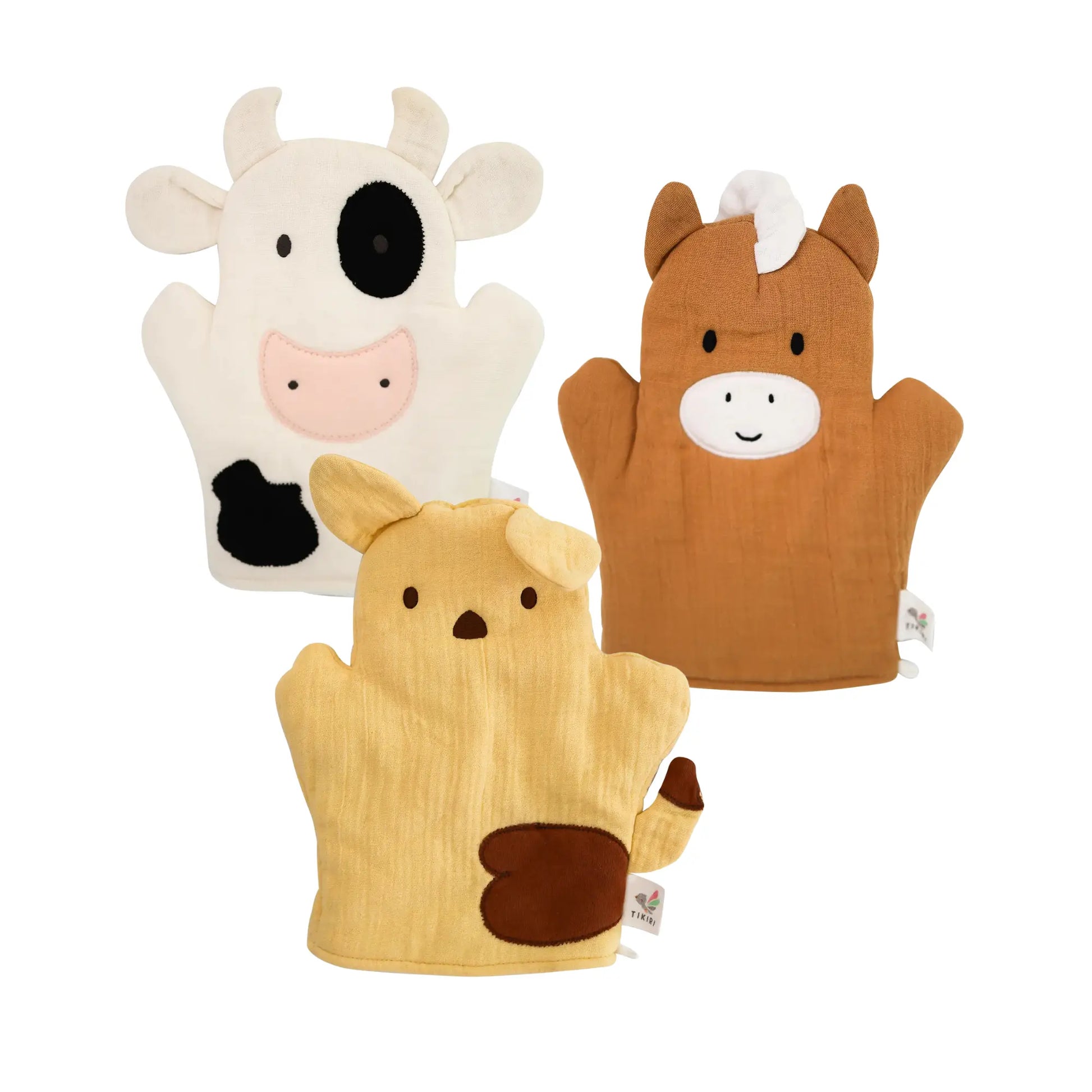 Organic cotton baby bath mitt puppets set with horse cow and puppy for bath time play