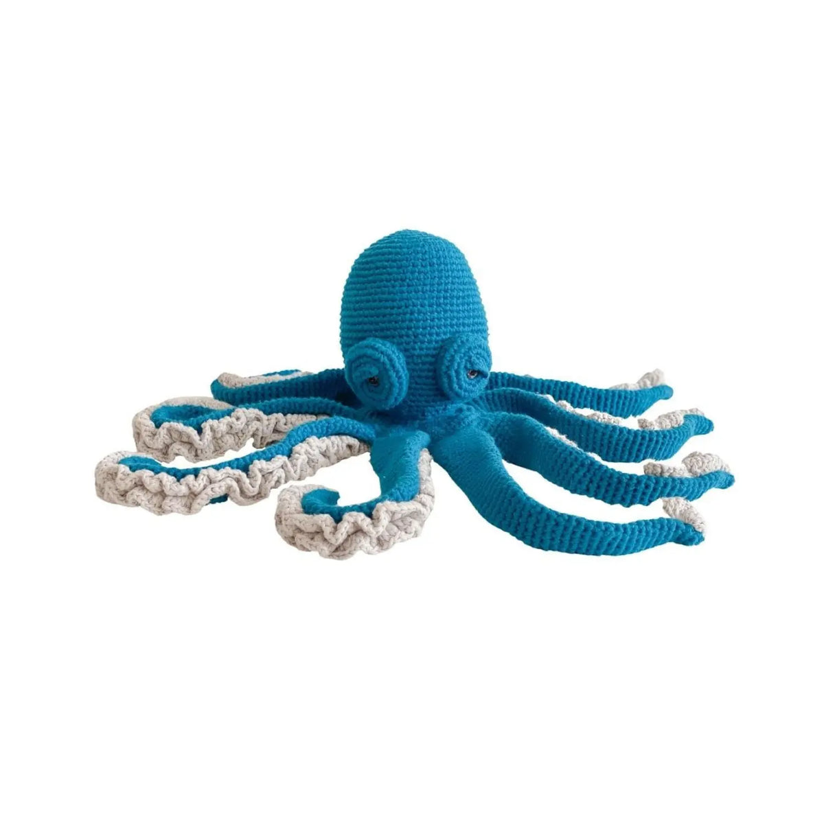 Lagoon teal organic cotton crochet octopus soft toy with spiral eyes and eight long arms edged in cream ruffles