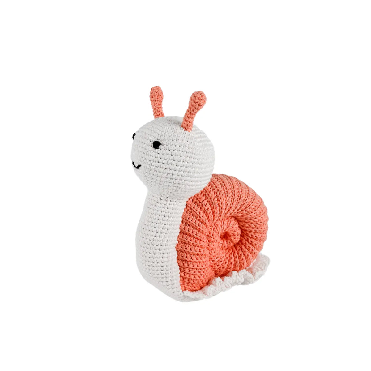 Organic cotton crochet snail soft toy with a white body, peach spiral shell and smiling face, handmade by Bebemoss