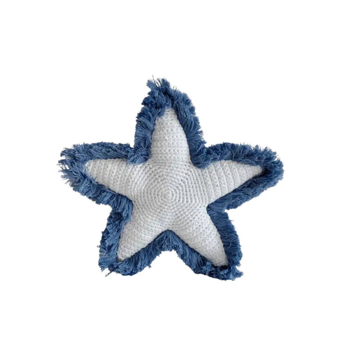 Back of blue organic cotton crochet starfish soft toy showing cream-colored center, blue crocheted edging, and soft fringe.