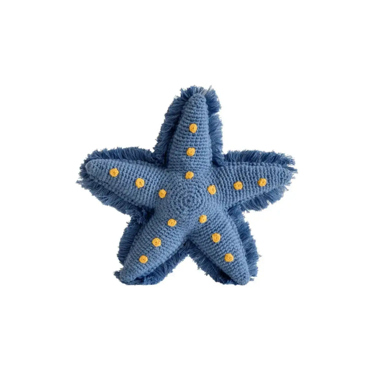 Blue hand-crocheted organic cotton starfish soft toy with yellow embroidered spots and fringed edges, front view on white background.