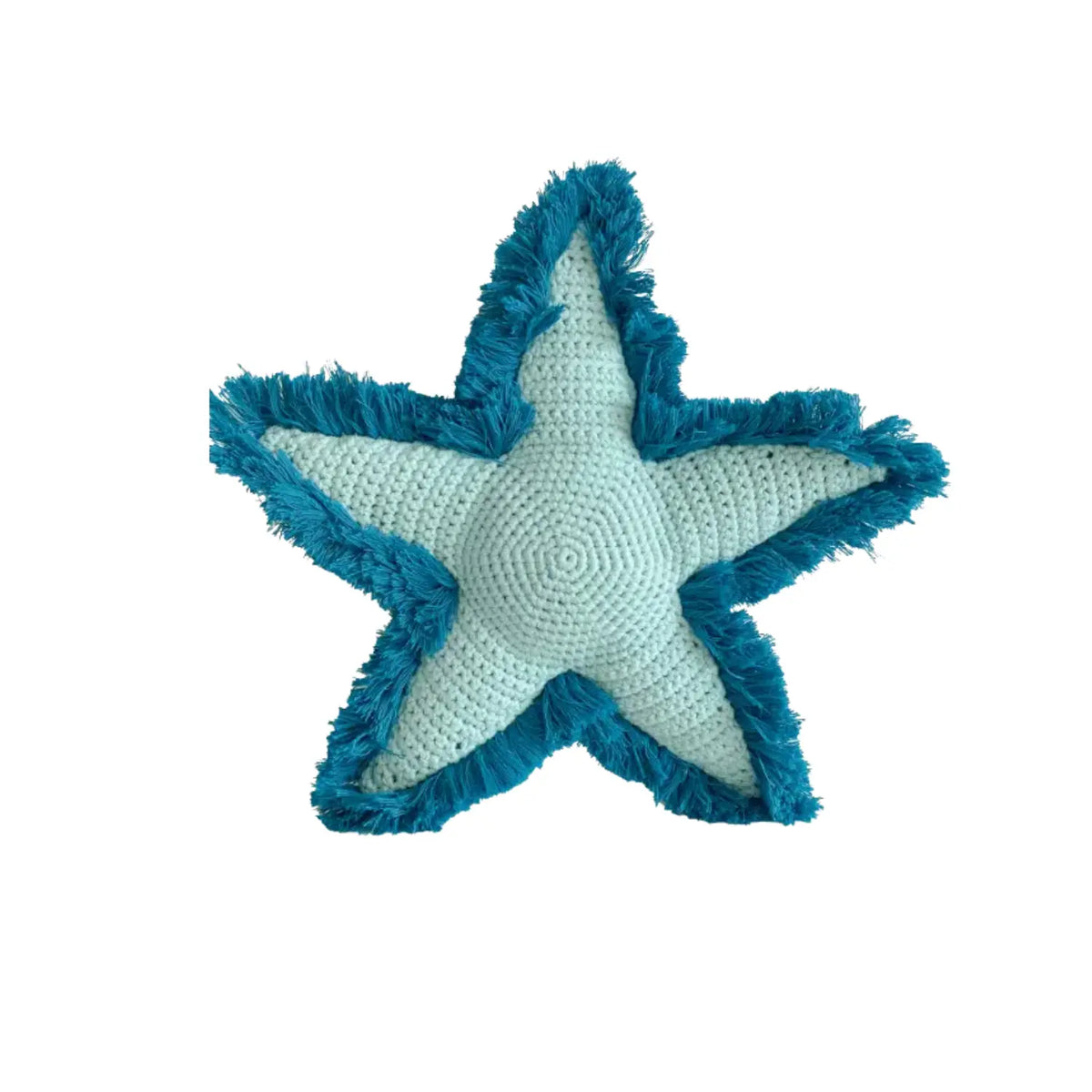Back of handmade lagoon blue crochet starfish soft toy showing pale aqua cotton center, teal crocheted border, and fringed edges.