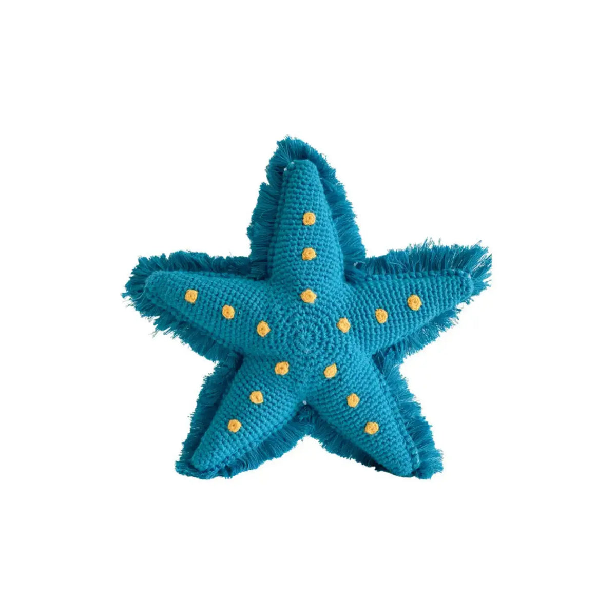 Lagoon blue organic cotton crochet starfish soft toy with yellow embroidered spots, five rounded arms, and fringed edges on white background.