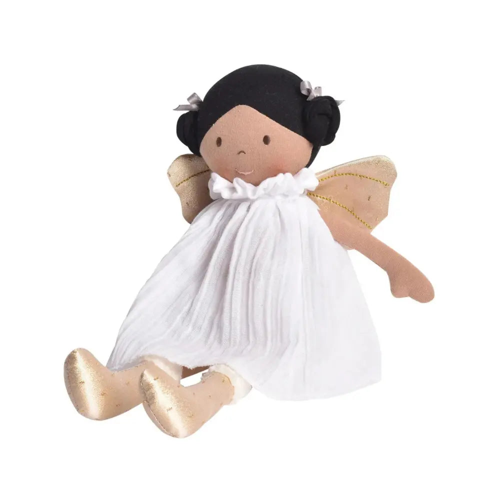 Organic cotton fairy doll sitting at an angle showing shape and soft design for play
