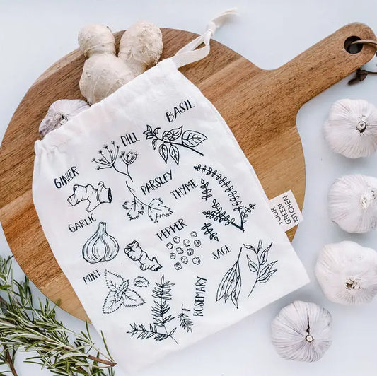 Organic cotton herb produce bag with botanical drawings and cotton drawstring