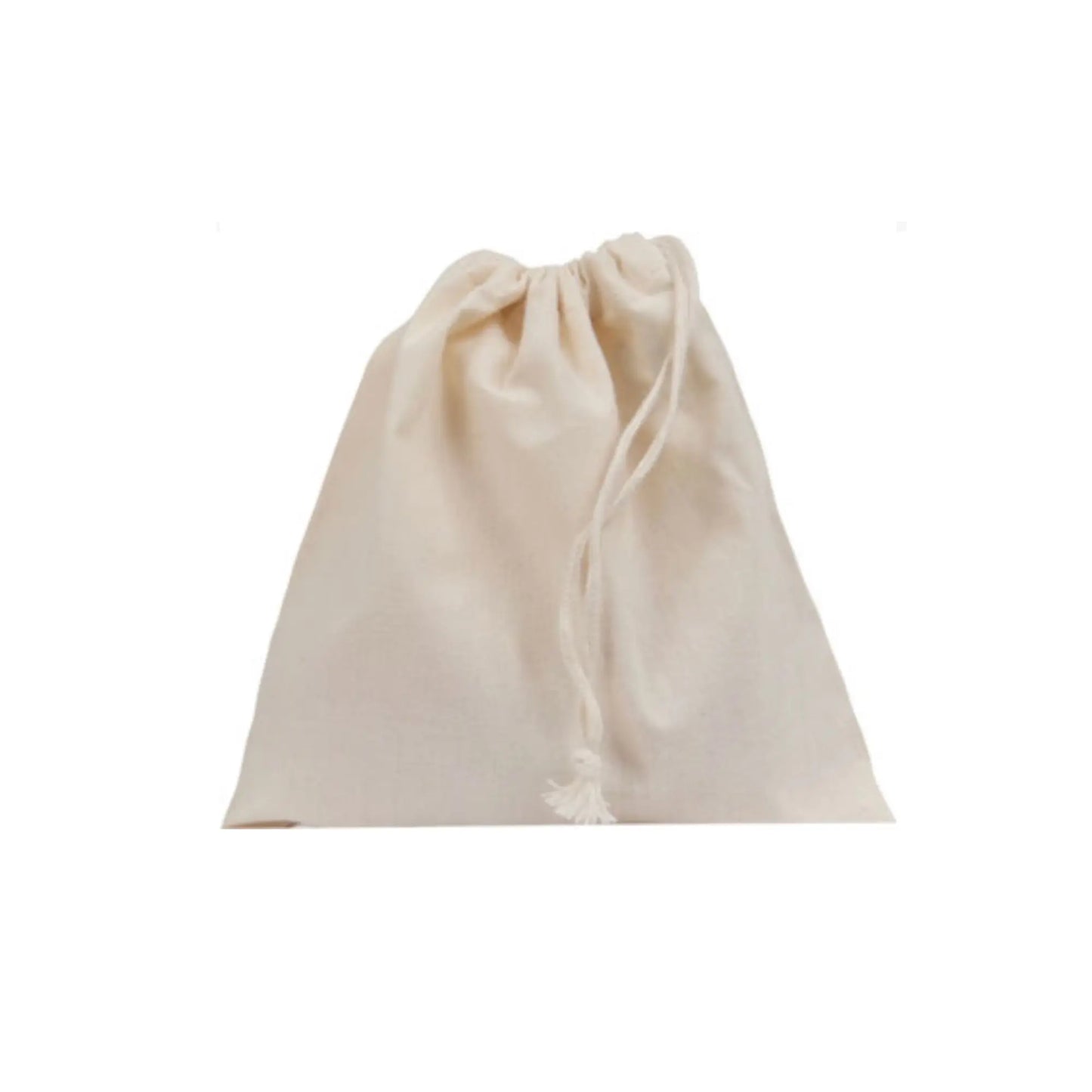 Beige drawstring cotton sandwich bag on a white background