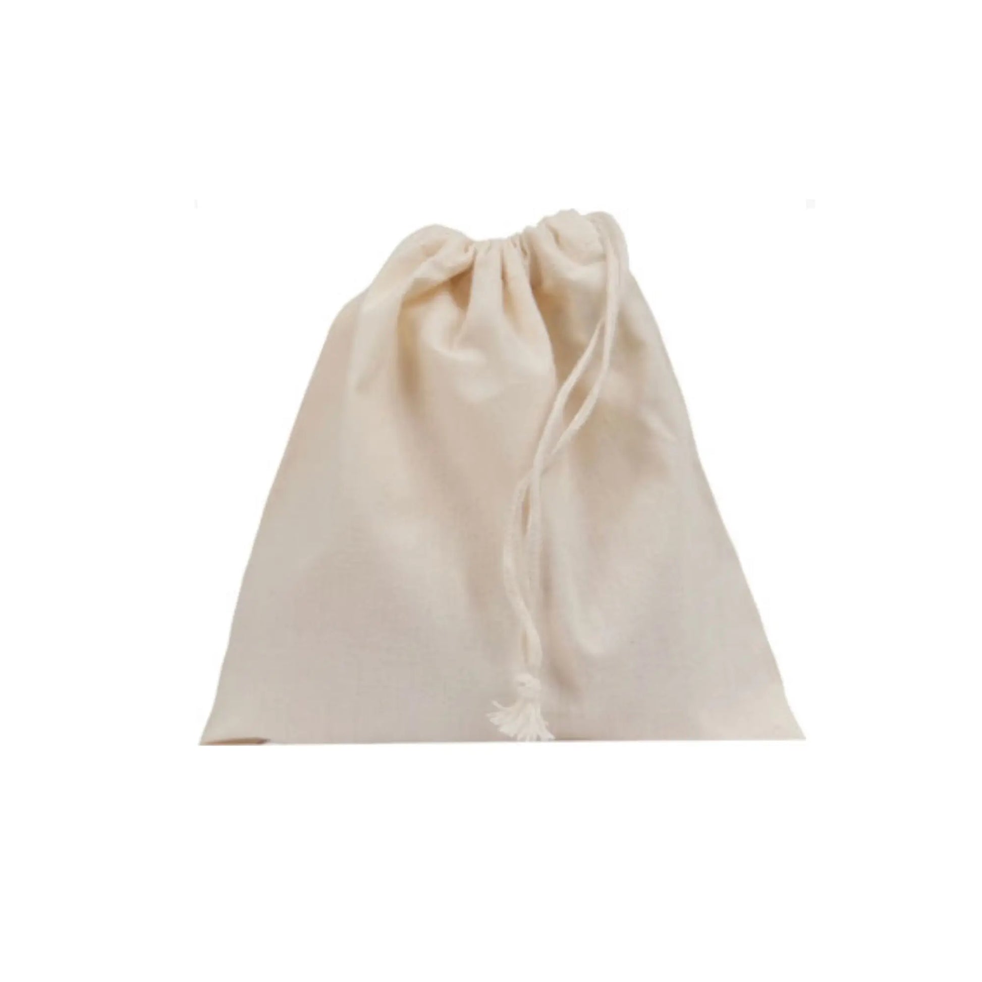 Beige drawstring cotton sandwich bag on a white background