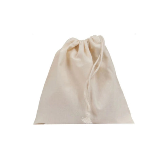 Beige drawstring cotton sandwich bag on a white background