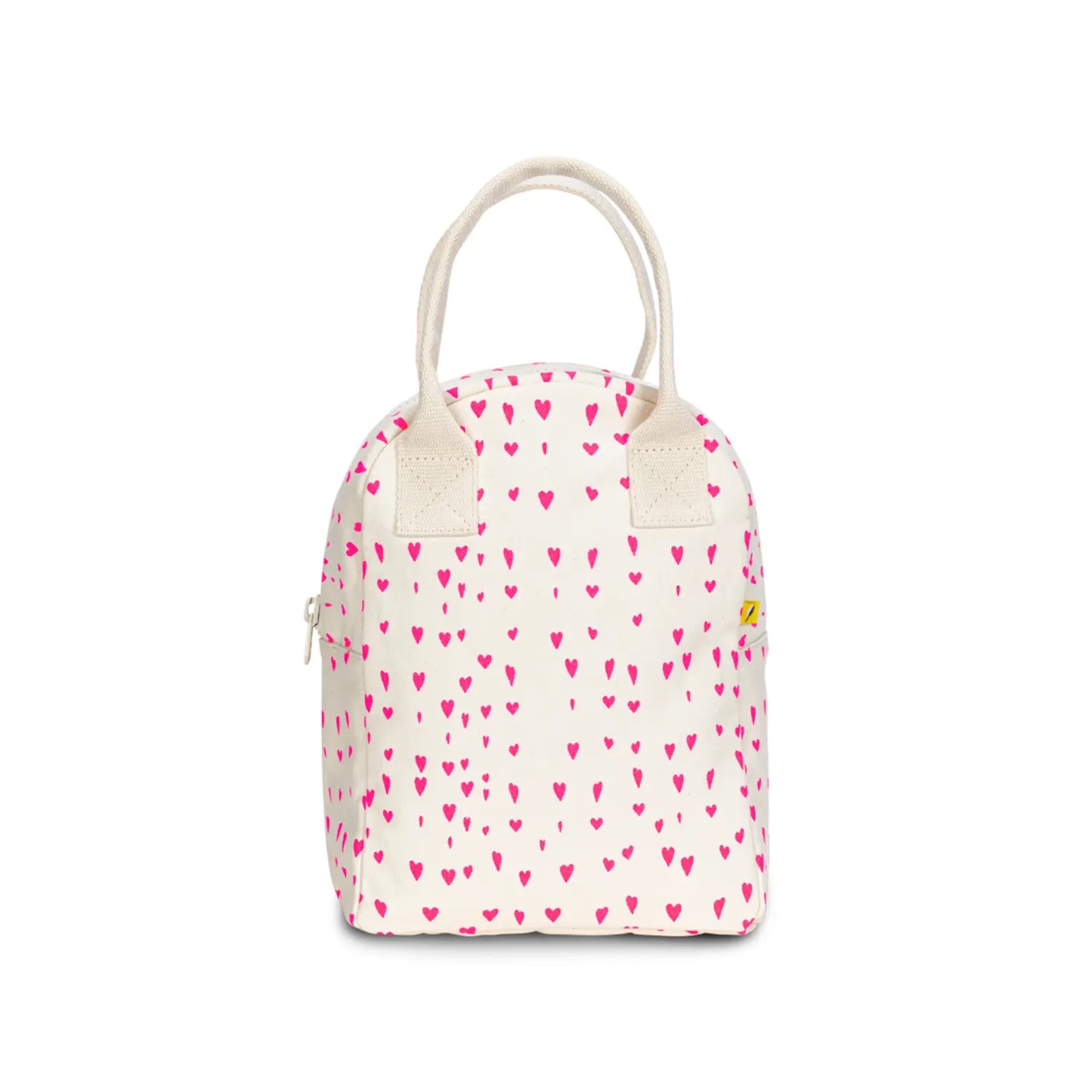 Fluf Tiny Hearts organic cotton zipper lunch bag with bright pink hearts