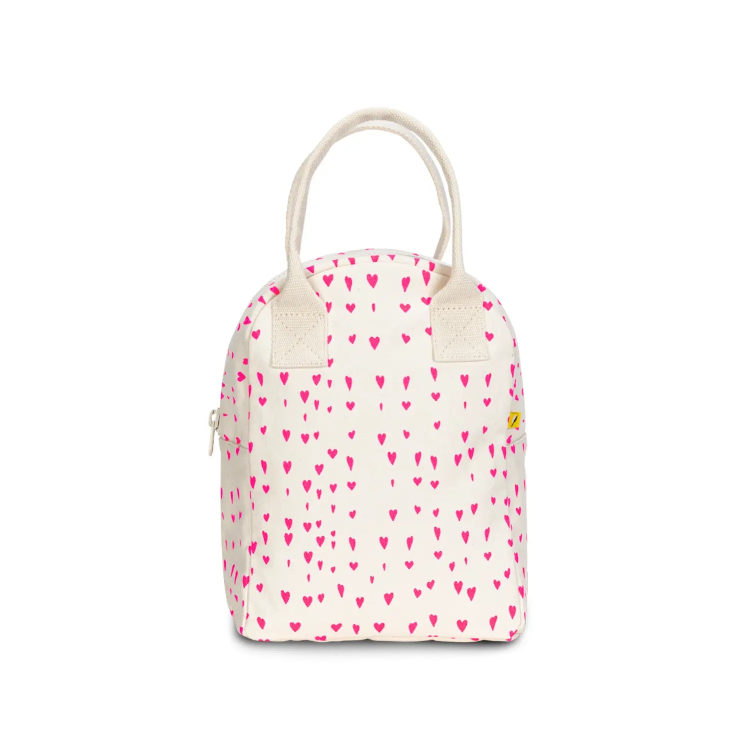 Fluf Tiny Hearts organic cotton zipper lunch bag with bright pink hearts
