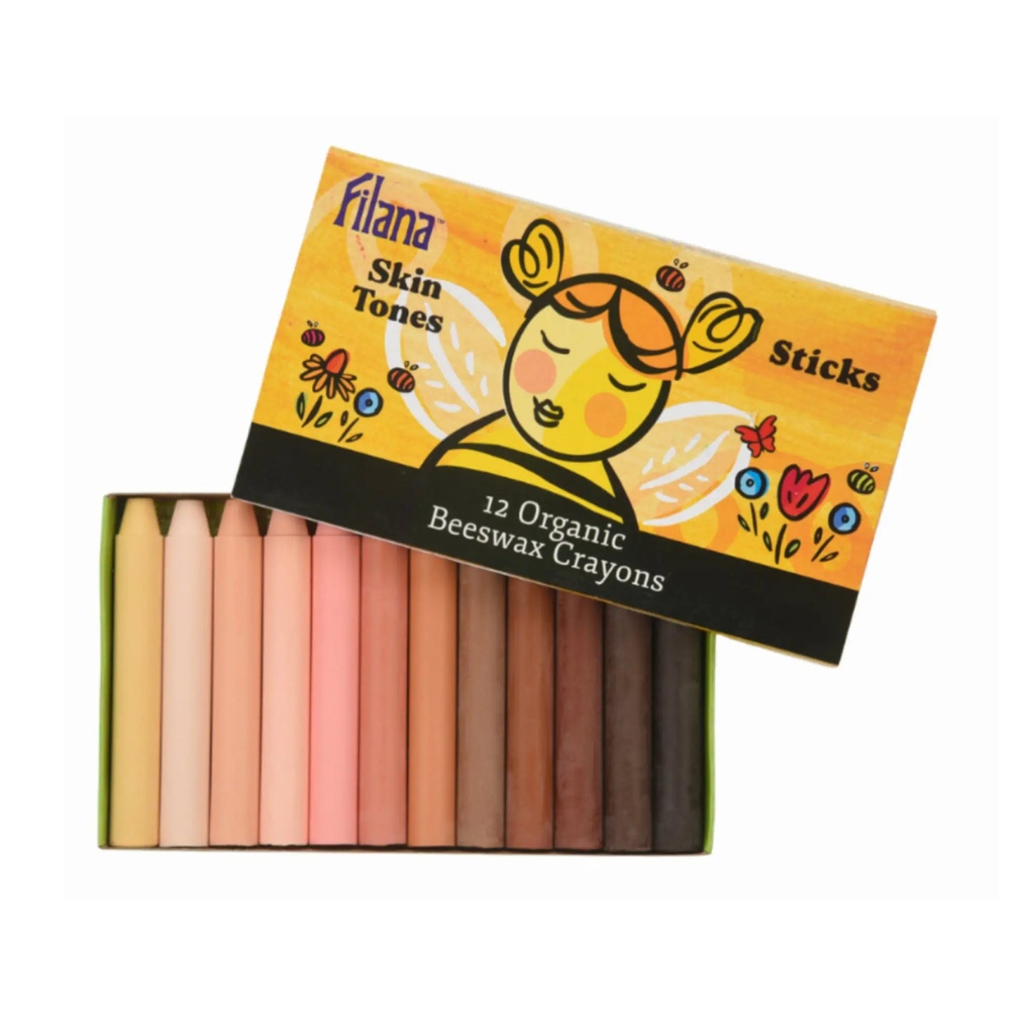 Filana organic skin tone stick crayons set showing 12 skin tone shades