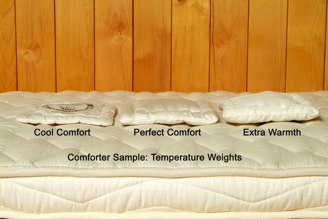 Organic wool comforter weight options showing light, perfect, and extra warmth thickness comparison