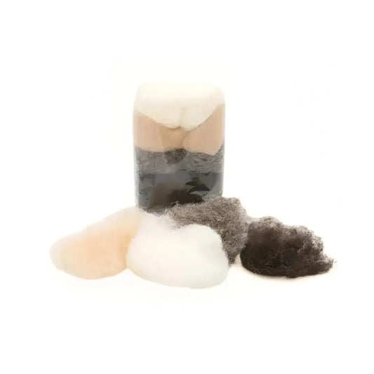 Assorted wool fibers in different earth colors on a white background