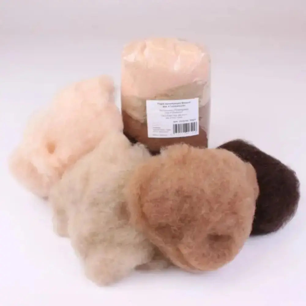 Three skeins of yarn in beige, brown, and black on a white background with a label.